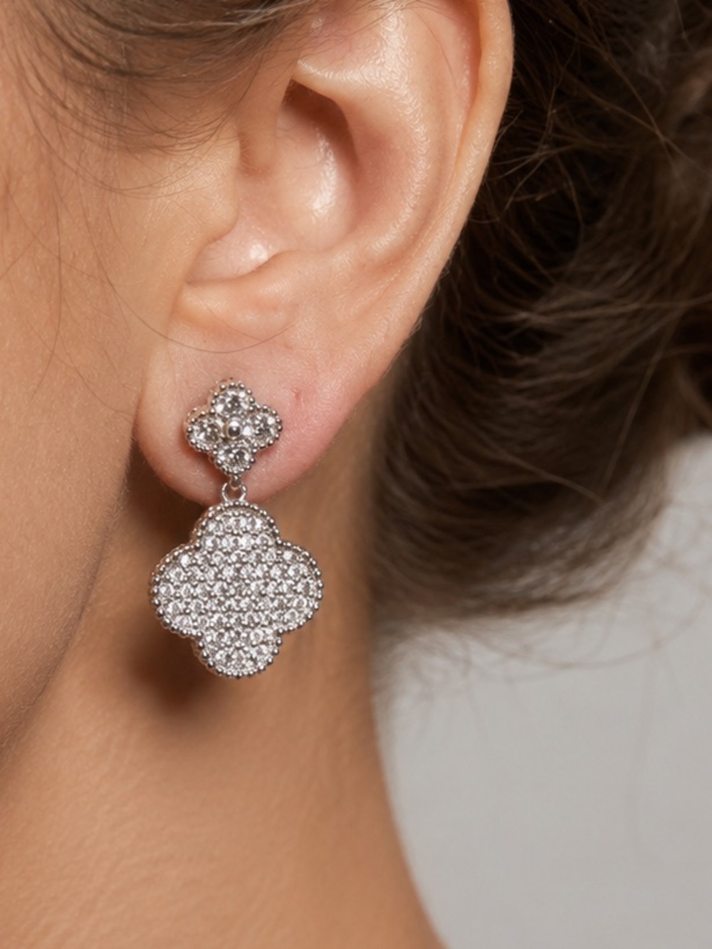 Silver Clover Drop Earrings Pave Crystals